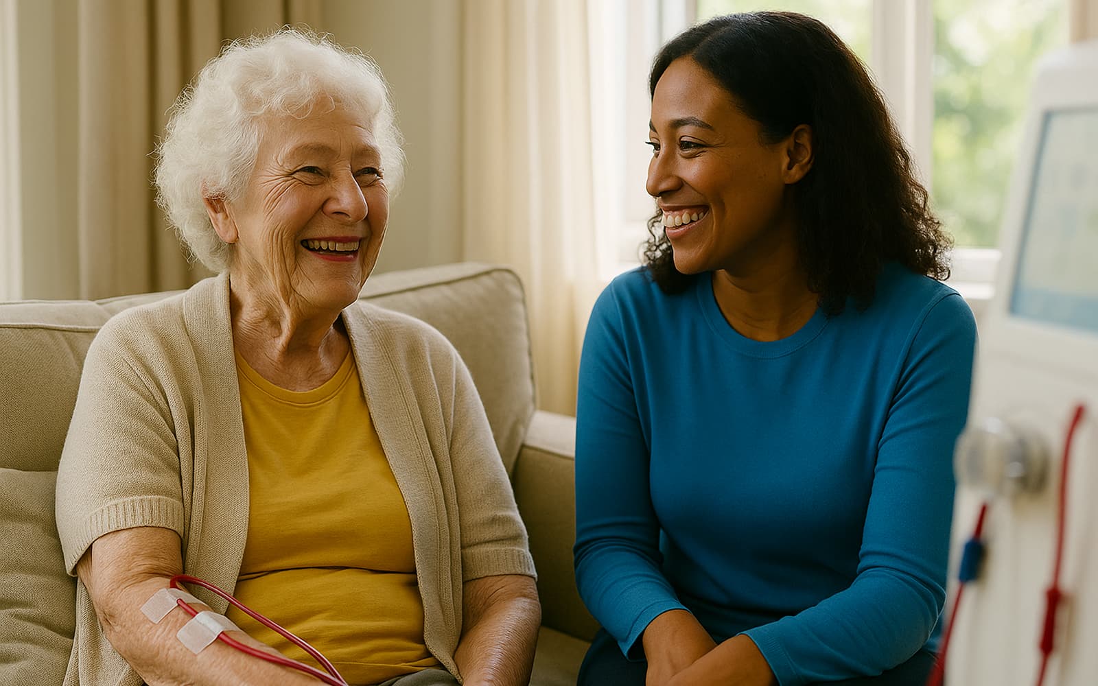 A senior and caregiver smiling together