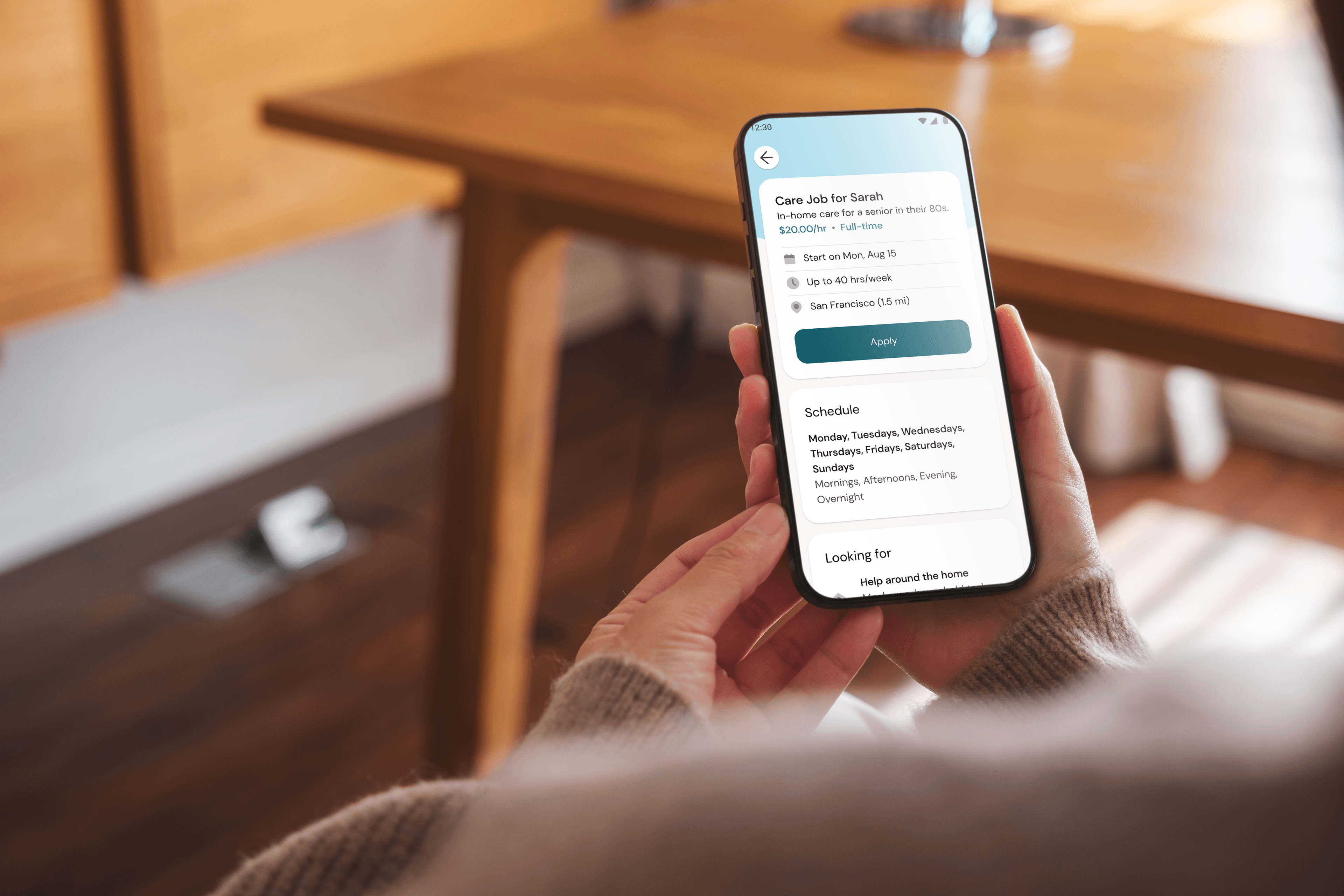 Herewith Helper app showing a care job listing